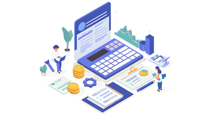 Isometric flat design concept of financial accounting, business analysis, planning, consulting, project management. Vector illustration.