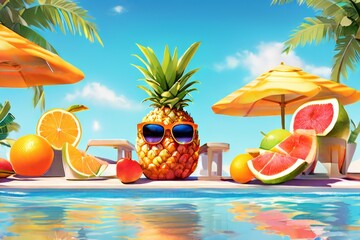 Anthropomorphic fruits lounging poolside with signs of summer arrival