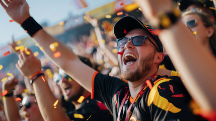 Enthusiastic spectators cheering for their favorite  soccer team from the stands of the football soccer stadium