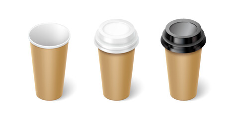 Mockup paper cups with lids 3d realistic vector illustration set. Tea and coffee mugs design template. Take away drinks on white background