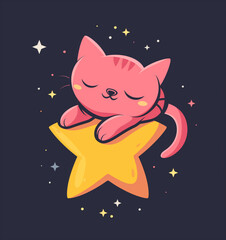 Nighttime Napping: 3D White Cat on Yellow Star with Starry Sky