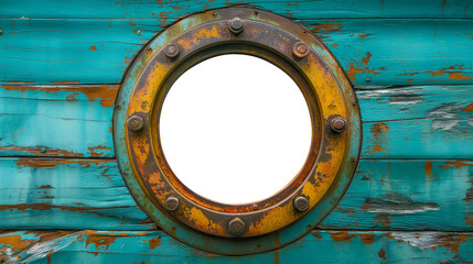 Vintage Aged Brass Ship Porthole Mounted on a Wooden Hull with a Transparent Background. Transparent PNG. Generative AI. - 779967594