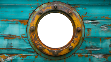 Vintage Aged Brass Ship Porthole Mounted on a Wooden Hull with a Transparent Background. Transparent PNG. Generative AI.