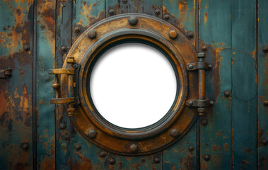 Vintage Aged Brass Ship Porthole Mounted on a Wooden Hull with a Transparent Background. Transparent PNG. Generative AI. - 779967595