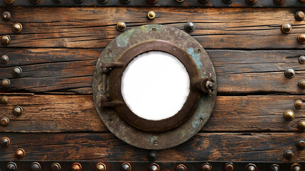 Vintage Aged Brass Ship Porthole Mounted on a Wooden Hull with a Transparent Background. Transparent PNG. Generative AI. - 779967743