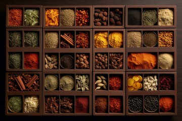 Assorted Spices colorful top view in different boxes. Aroma spice powder herb vibrant. Generate Ai