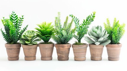 Botanical charm: Set of lifelike artificial plants in flower pots, perfect for adding greenery to any space. Isolated on white