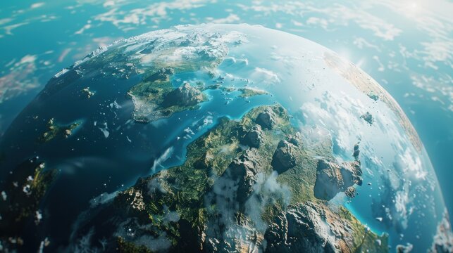 Design an imaginative illustration of Earth from a rear view perspective, showcasing a futuristic supercontinent formed