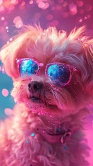 Un peludo perrito se convierte en el alma de la fiesta, luciendo unas gafas brillantes que reflejan un mundo más colorido, un encantador destello contra un fondo rosa bokeh.