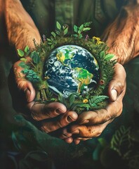 La Tierra, lienzo de vida, reposa en manos cuidadoras, envuelta en follaje y flora; un poderoso tributo al Día Internacional de la Tierra y nuestro papel como guardianes del mundo verde.