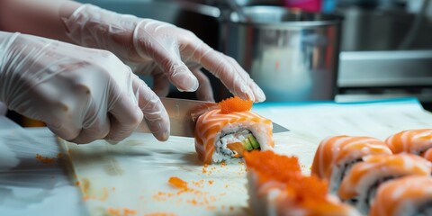 La precisión se encuentra con la tradición mientras manos hábiles cortan artísticamente un rollo de sushi, un ballet culinario de sabores frescos listos para ser saboreados.