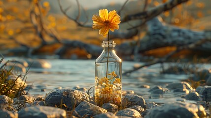 En una serena hora dorada, una sola flor en una botella resalta como símbolo de belleza preservada y un momento congelado en el tiempo frente al suave fluir del río.