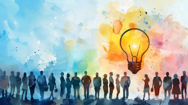 multi color background, silhouette of business people  teamwork communicating ideas, light bulb, illustration  copy space