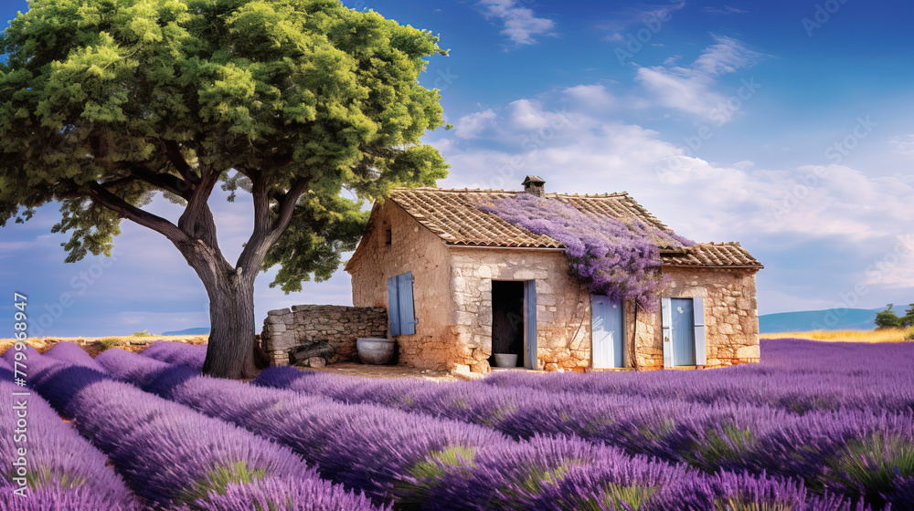 Wall mural house in the lavender field.