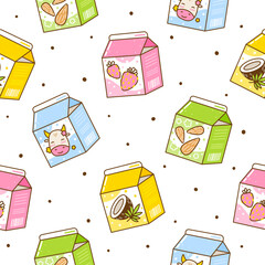 Seamless pattern with cute cartoon milk drinks on white background - cow, almond, coconut milk and yoghurts - obrazy, fototapety, plakaty