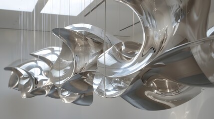 A dynamic kinetic sculpture suspended from the ceiling, mesmerizing viewers with its fluid movement.