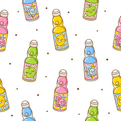 Seamless pattern with ramune japanese lemonades with different flavors in glass bottle on white background - 779968952
