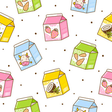 Seamless pattern with cute cartoon milk drinks on white background - cow, almond, coconut milk and yoghurts