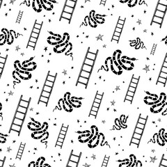 Freehand monochrome drawing of snakes, ladders and stars over white vector seamless pattern. Elegant monochrome surface art for printing on different surfaces or for use in graphic design projects.