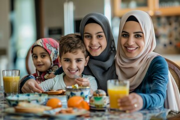 Family Joy at Breakfast Time. A smiling Arab mother with her children enjoying breakfast.