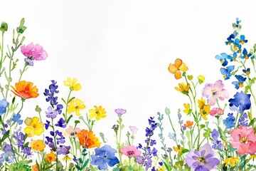 Fototapeta na wymiar Colorful watercolor wildflowers on white background. A delicate and vibrant array of watercolor wildflowers bloom across the scene, showcasing a variety of colors and forms on a pure white backdrop