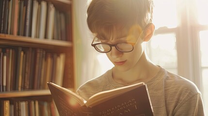 Teenage boy engrossed in reading book on light background, fostering intellectual growth and literary passion - obrazy, fototapety, plakaty