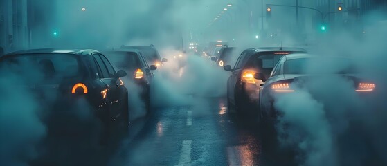 Urban Haze: Traffic Congestion and Air Pollution. Concept Urban Haze, Traffic Congestion, Air Pollution - obrazy, fototapety, plakaty