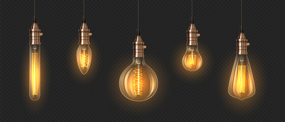 Glowing incandescent lightbulbs 3d realistic vector illustration set. Bright illumination equipment design. Lamps on transparent background - obrazy, fototapety, plakaty