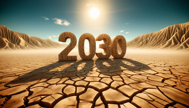 2030 3d number in the desert- climate change, global warming
