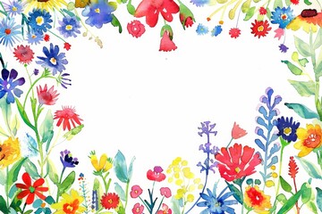 Fototapeta na wymiar Colorful watercolor wildflowers on white background. A delicate and vibrant array of watercolor wildflowers bloom across the scene, showcasing a variety of colors and forms on a pure white backdrop