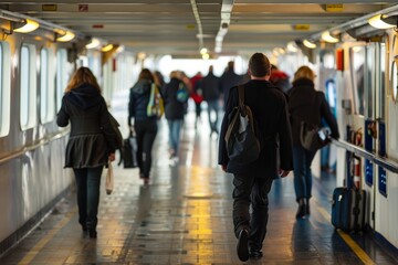 Morning Commute. Daily Commute: Walk Through the Ferry. Commuters walking inside a ferry, embarking or disembarking from a trip