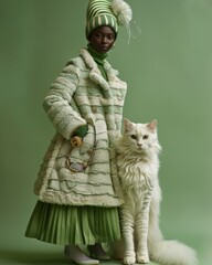 Elegant African Woman in Stylish Winter Attire Posing with Majestic White Cat