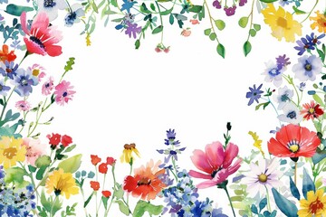 Colorful watercolor wildflowers on white background. A delicate and vibrant array of watercolor wildflowers bloom across the scene, showcasing a variety of colors and forms on a pure white backdrop