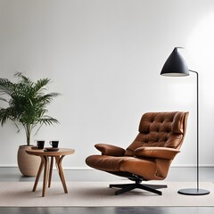 leather tufted recliner chair against white wall with copy space scandinavian home interior design