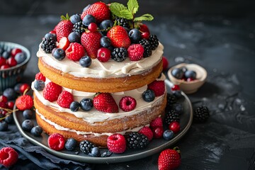 A close up of a cake with berries on top