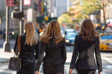 Morning Commute in the City. Three businesswomen walking to work in a bustling cityscape.