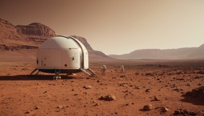 A Martian habitat pod with astronauts and a rover in the foreground, exploring the desolate red Martian surface - obrazy, fototapety, plakaty