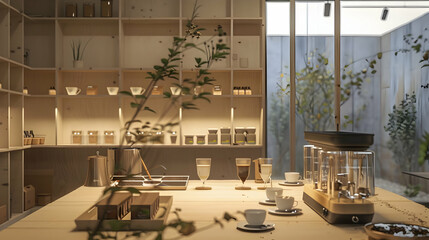 Sleek, modern cafe interior design featuring natural wood elements, glassware coffee brewing, and serene plant decor.
