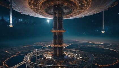 An orbital space station towers over a futuristic city at night, with lights stretching across the terrain beneath a starry sky