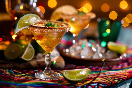 Festive Cinco de Mayo Margaritas. Traditional margaritas with lime and salt, colorful backdrop symbolizing Cinco de Mayo festivities