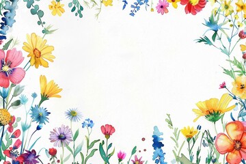 Colorful watercolor wildflowers on white background. A delicate and vibrant array of watercolor wildflowers bloom across the scene, showcasing a variety of colors and forms on a pure white backdrop