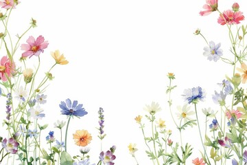 Obraz na płótnie Canvas Colorful watercolor wildflowers on white background. A delicate and vibrant array of watercolor wildflowers bloom across the scene, showcasing a variety of colors and forms on a pure white backdrop