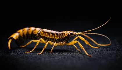 Ultra-close-up shot of a centipede on a dark surface, showcasing its segmented body and legs, perfect for nature documentaries.