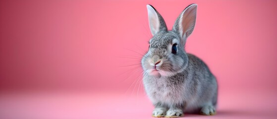 Cute Grey Rabbit with Fluffy Ears and Playful Pose on Pink Background. Concept Animal Photography,...