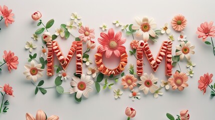 The word mom spelled out of flowers and leaves