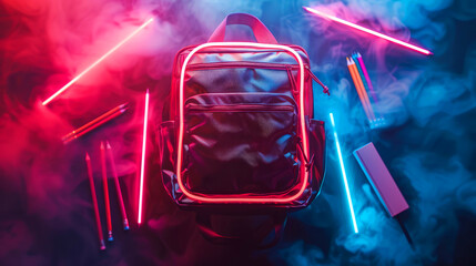 Neon School Bag with neon Elements floating around it
