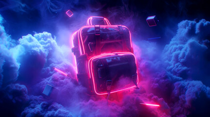 Neon School Bag with neon Elements floating around it
