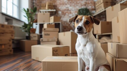 A dog sitting on the floor surrounded by boxes