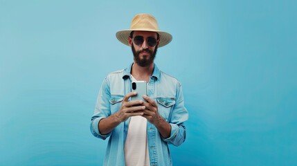 Tech-savvy lifestyle: Handsome man showcases smartphone on light blue background,