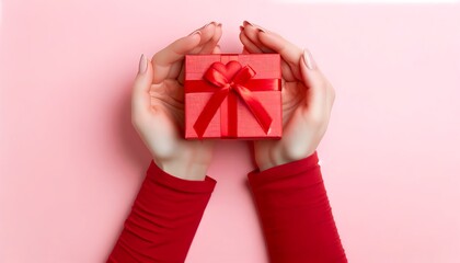 Holding a red present with both hands
